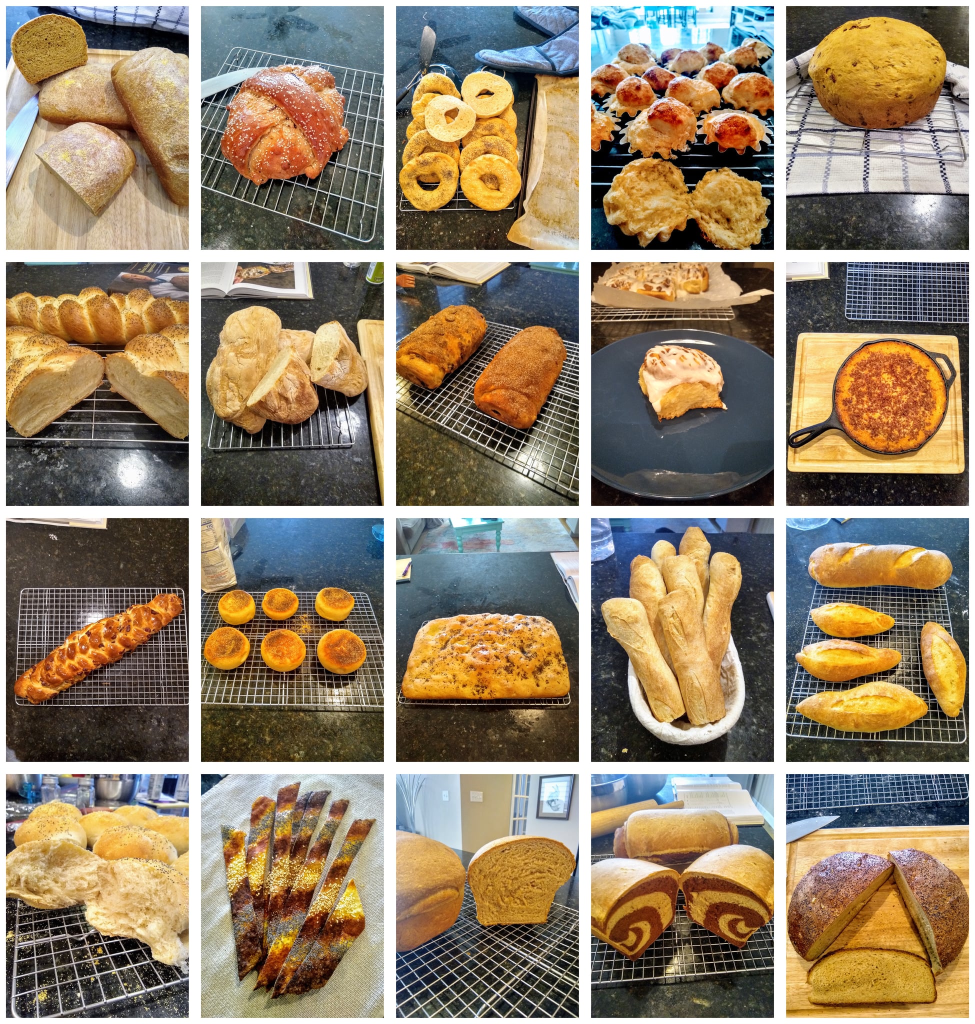 Montage of the breads bakes so far.  From top-left to bottom-right: Anadama, Greek celebration bread, bagels, brioche, casatiello, challah, ciabatta, cinnamon-raisin bread, cinnamon buns, corn bread, cranberry-walnut celebration loaf, english muffins, foccacia, French bread, Italian bread, Kaiser rolls, lavash crackers, light wheat bread, marbled rye bread, multigrain bread