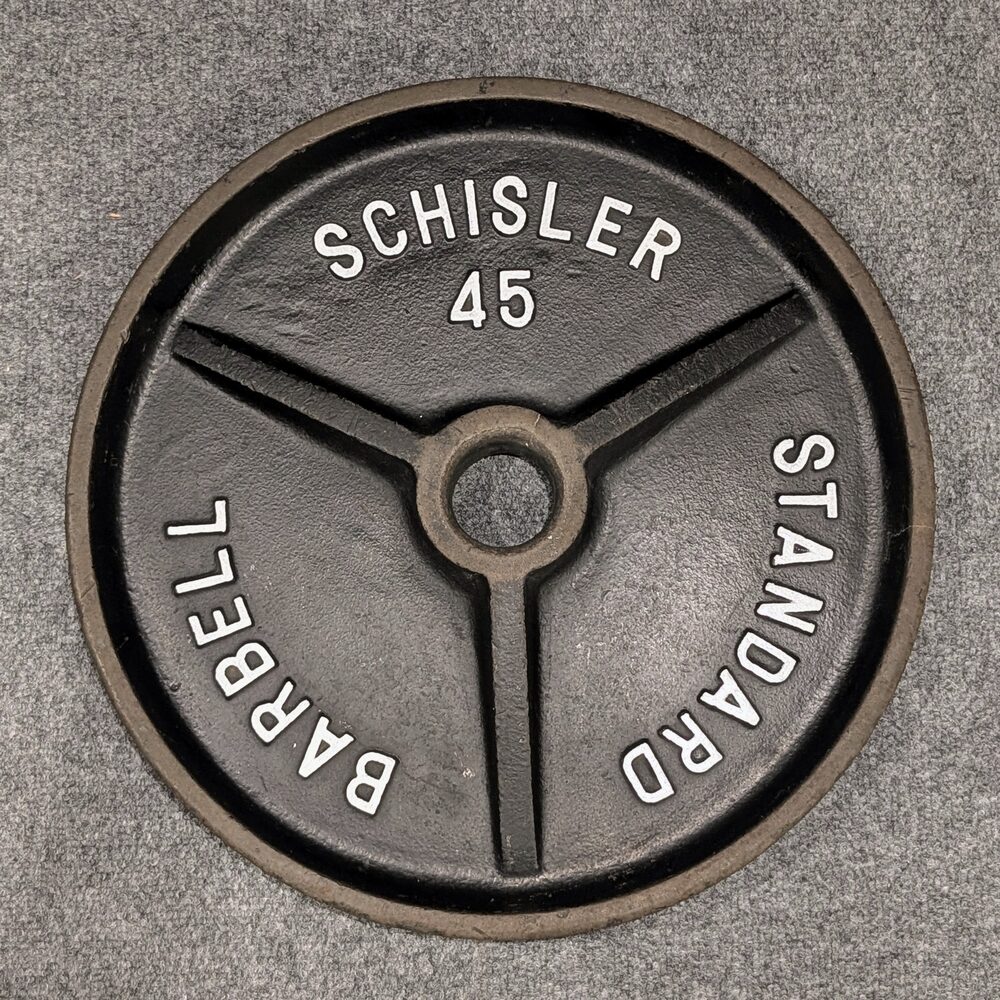 Black Schisler Centennial deep-dish 45 lb plate with raised white block lettering